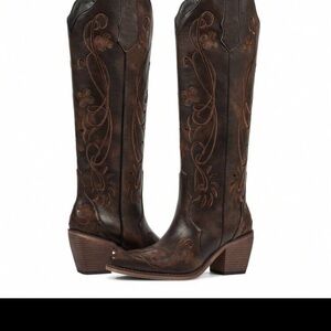 SHEIN Dark Brown Floral Over the Knee Boots